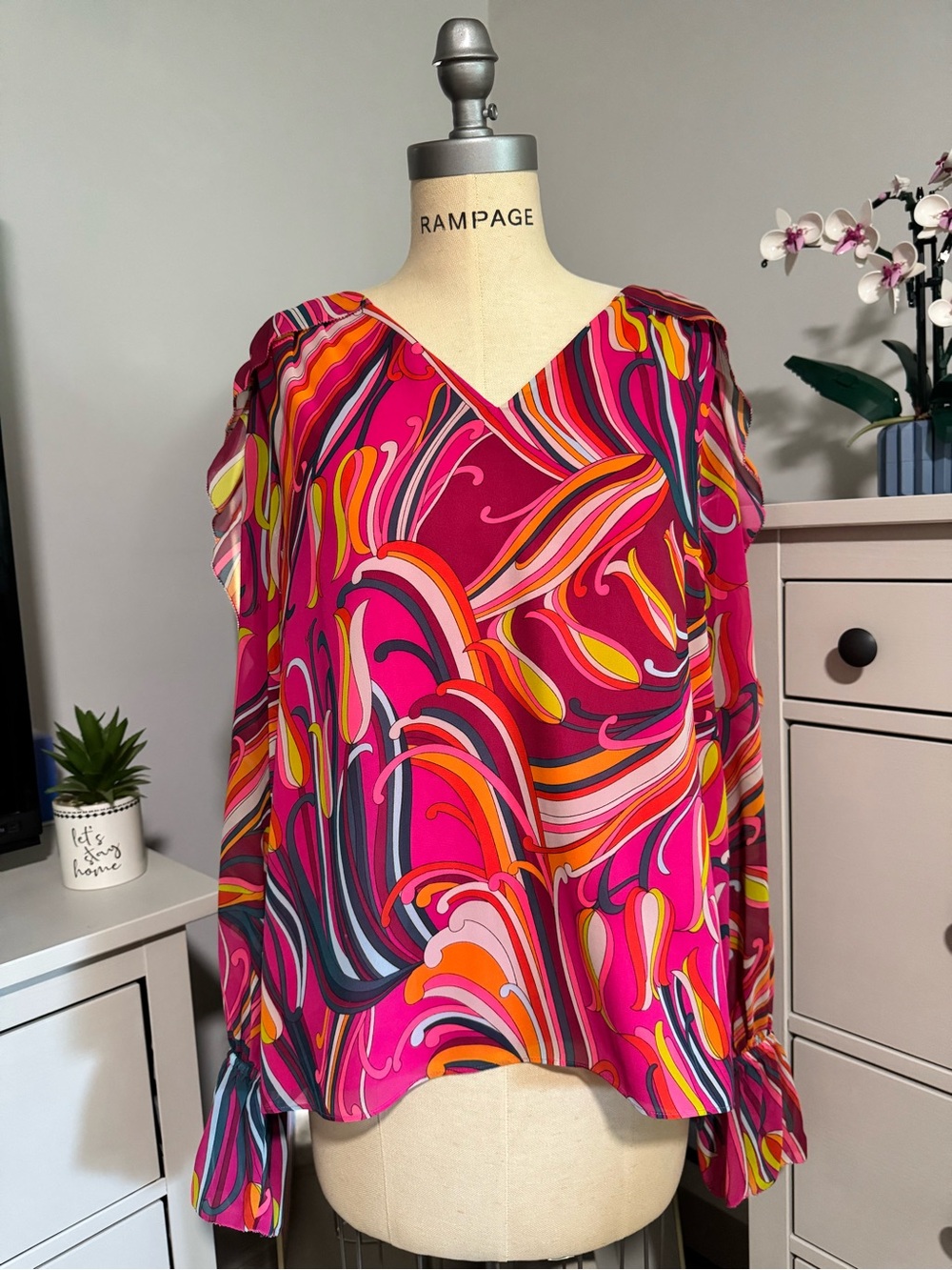 Trina Turk Silk Blouse Pink Orange Psychedelic Swirl Print Long Sleeve Size L